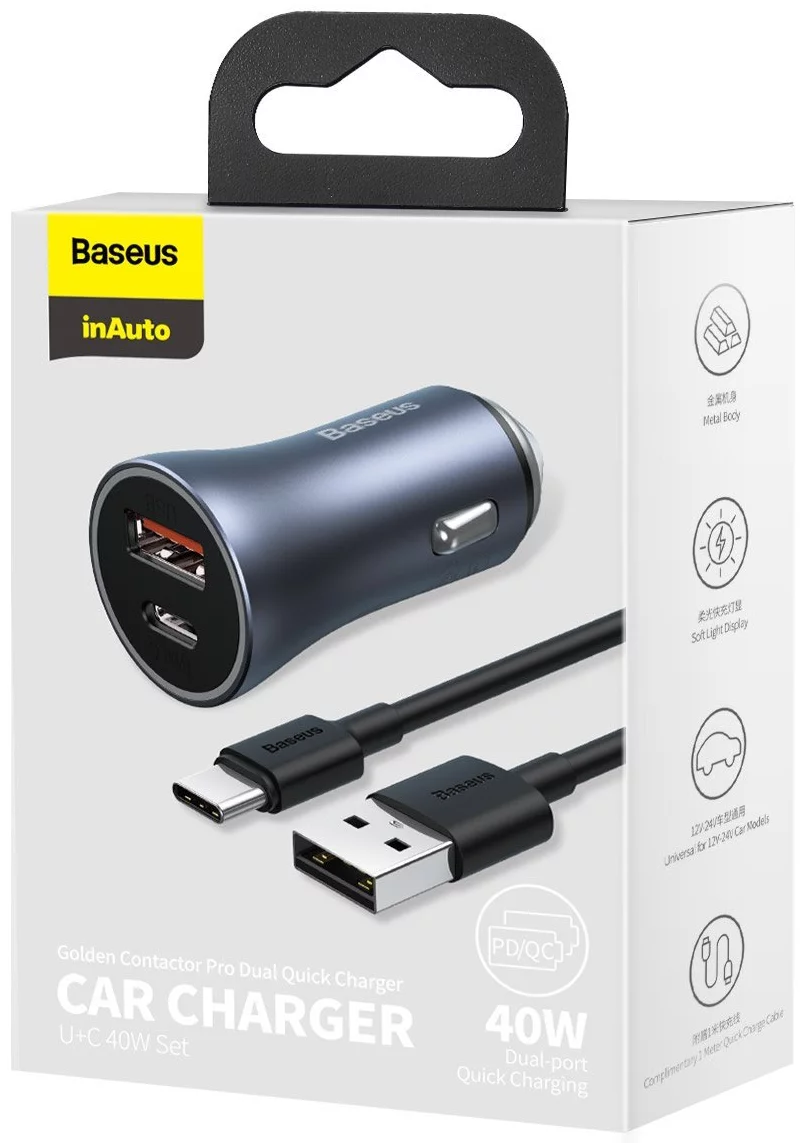 Cargador Para Auto Baseus 40W Dual Usb + Usb-C Cable Usb-C TZCCJD-OG